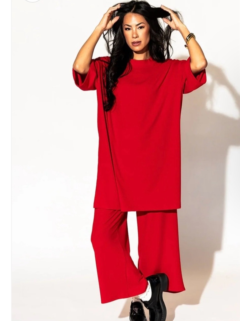 Dressed in Lala Women’s Red Lounge Set - Relaxed Tee & Wide-Leg Pants